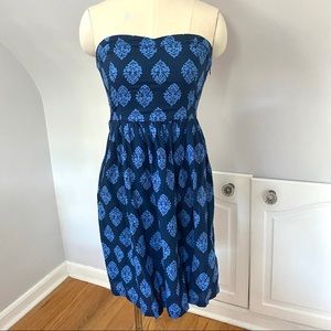 trefoil printed blue strapless dress